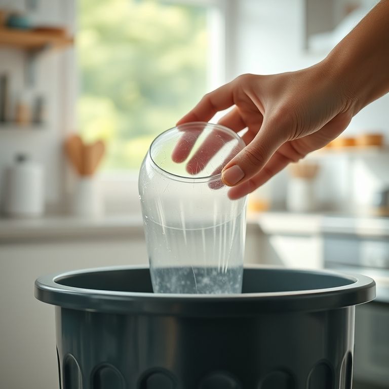 Mão descartando pote de plástico rachado na reciclagem.