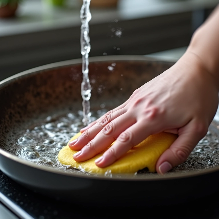 Mão esfregando panela queimada com detergente e água quente.
