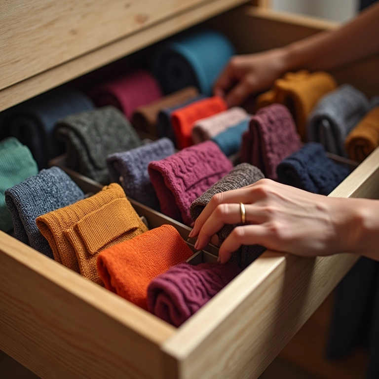 Mão feminina organizando meias em gaveta com organizadores, otimizando espaço.