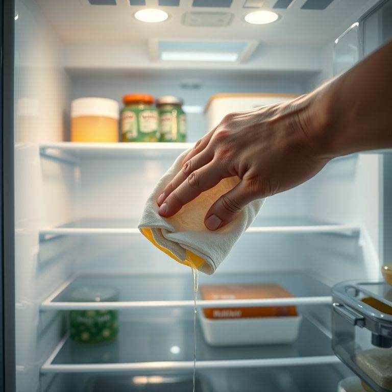 Mão limpando líquido derramado dentro da geladeira.