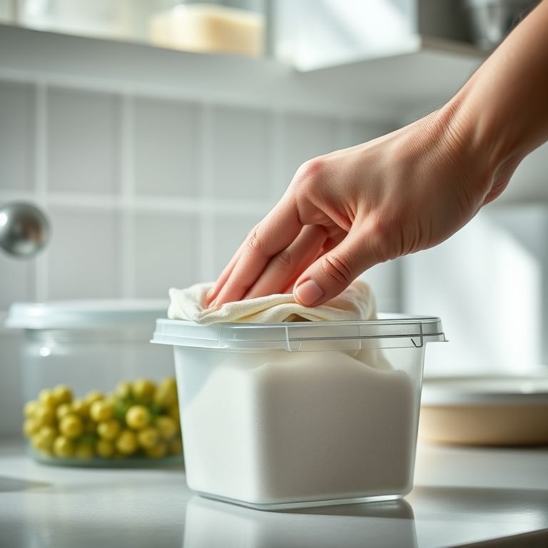 Mão limpando um pote de plástico em cozinha organizada.