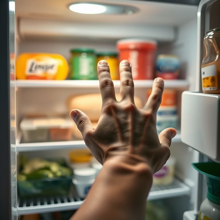 Mão pegando alimento mais antigo na geladeira.