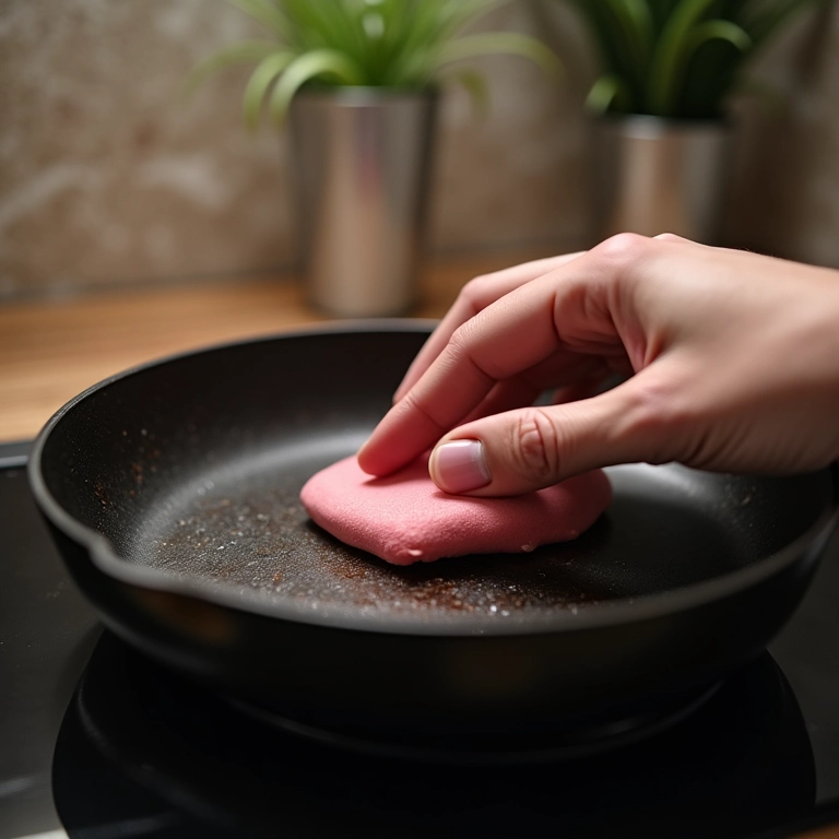 Mão usando esponja mágica Scotch-Brite em panela queimada.