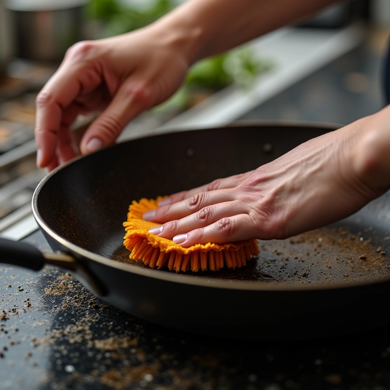 Mãos esfregando a parte externa de uma panela queimada.