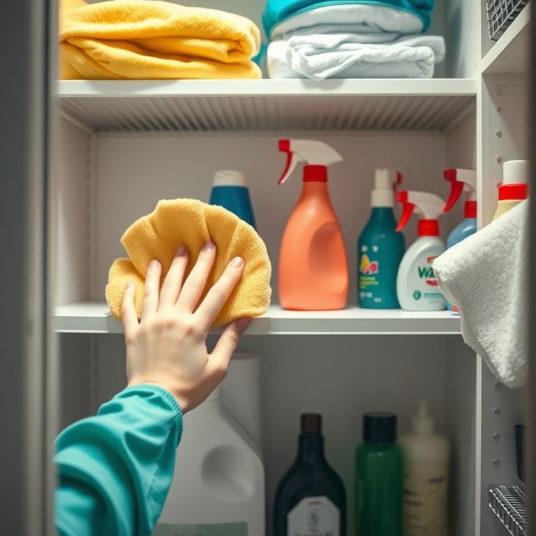 Mãos limpando prateleiras de um armário com produtos de limpeza.