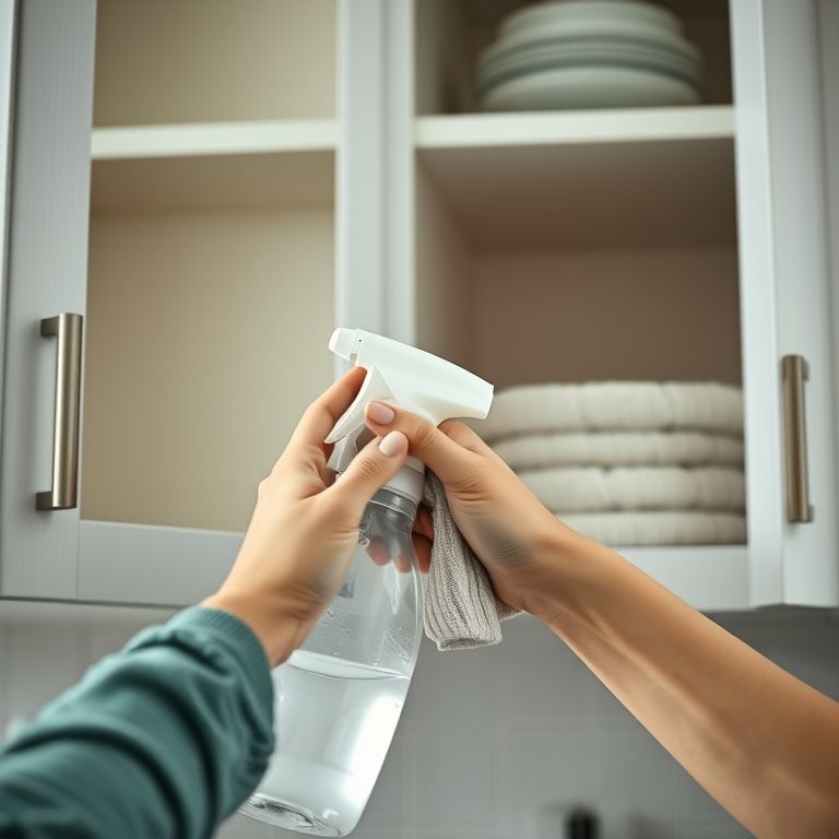 Mãos limpando prateleiras do armário da cozinha.