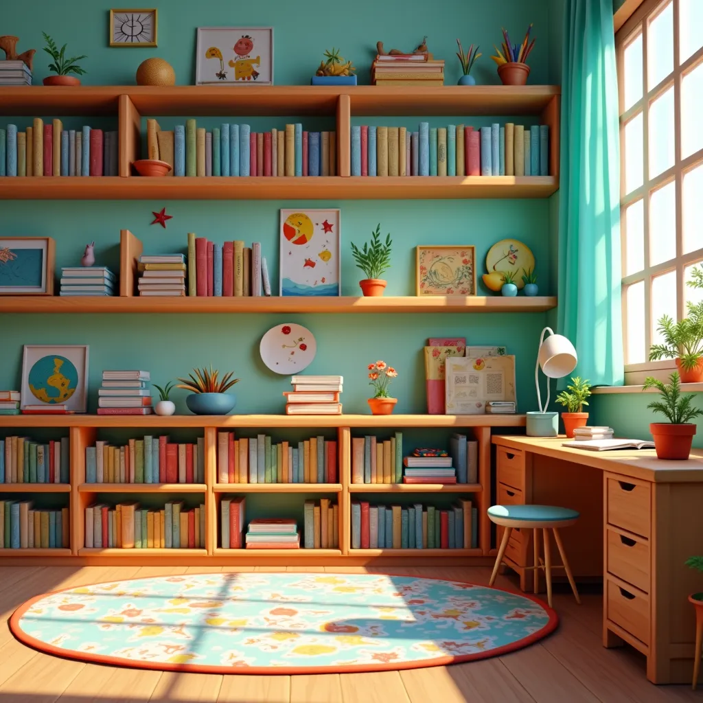 Materiais de estudo organizados por disciplina ou tema em quarto infantil.