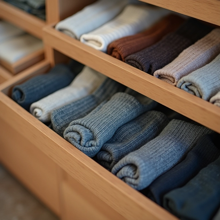 Meias armazenadas em organizadores, prolongando sua vida útil.