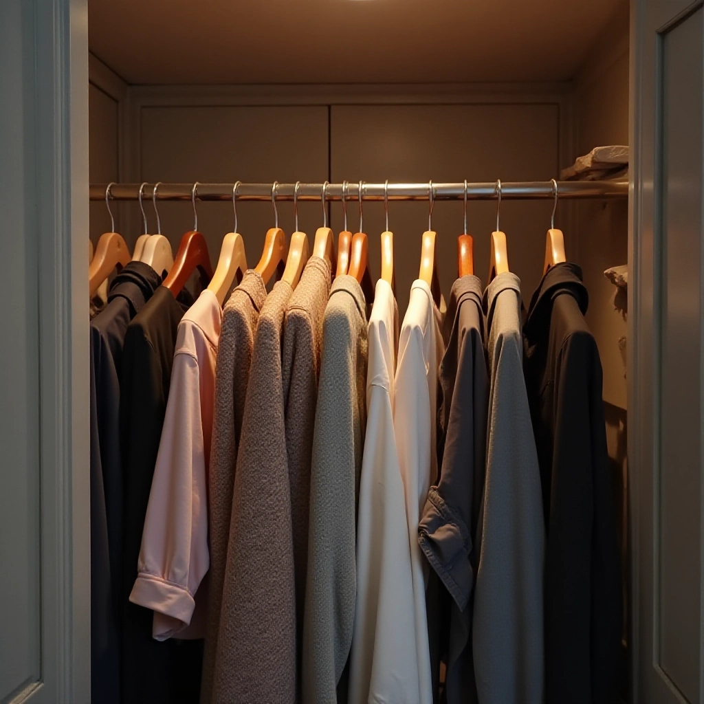 Um guarda-roupa com roupas bem organizadas e cabides uniformes, criando uma estética agradável.