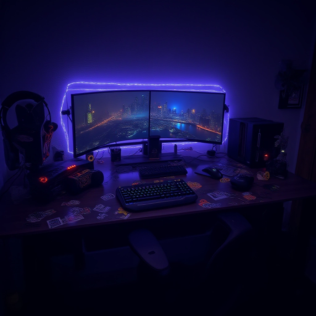Uma mesa gamer com adesivos, periféricos e iluminação personalizada.