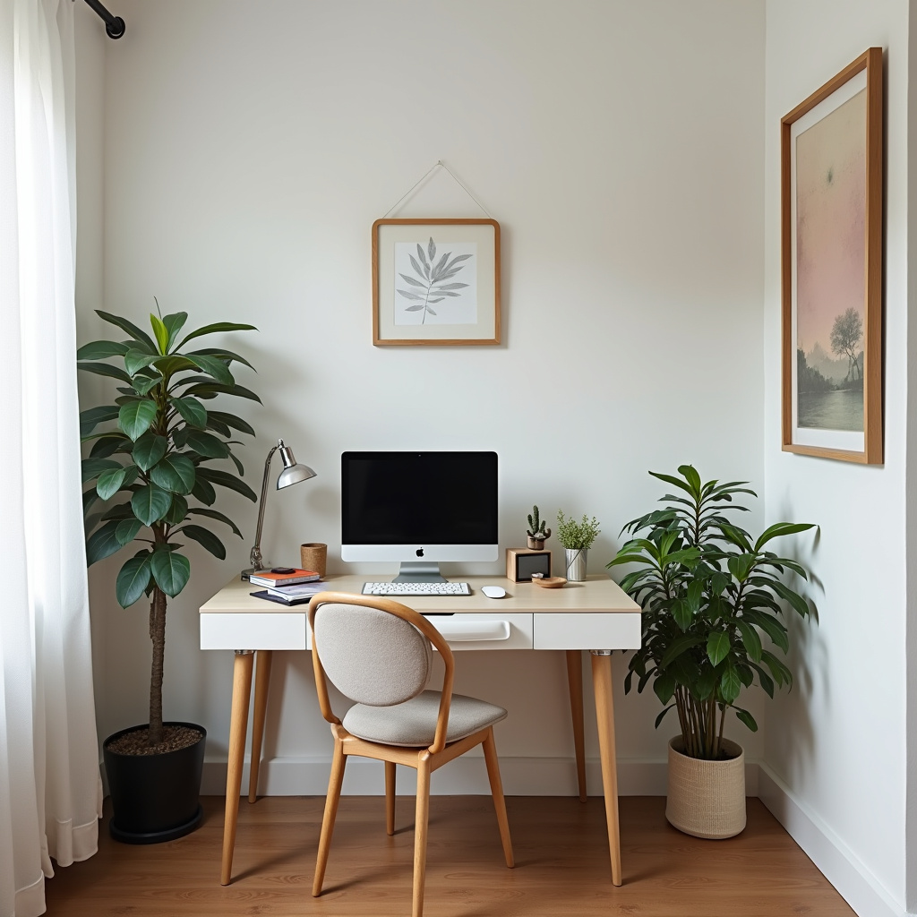 Minimalism in small home office, decluttered desk, organized space, focus, productivity, Brazilian Minimalismo e organização em home office pequeno e funcional.