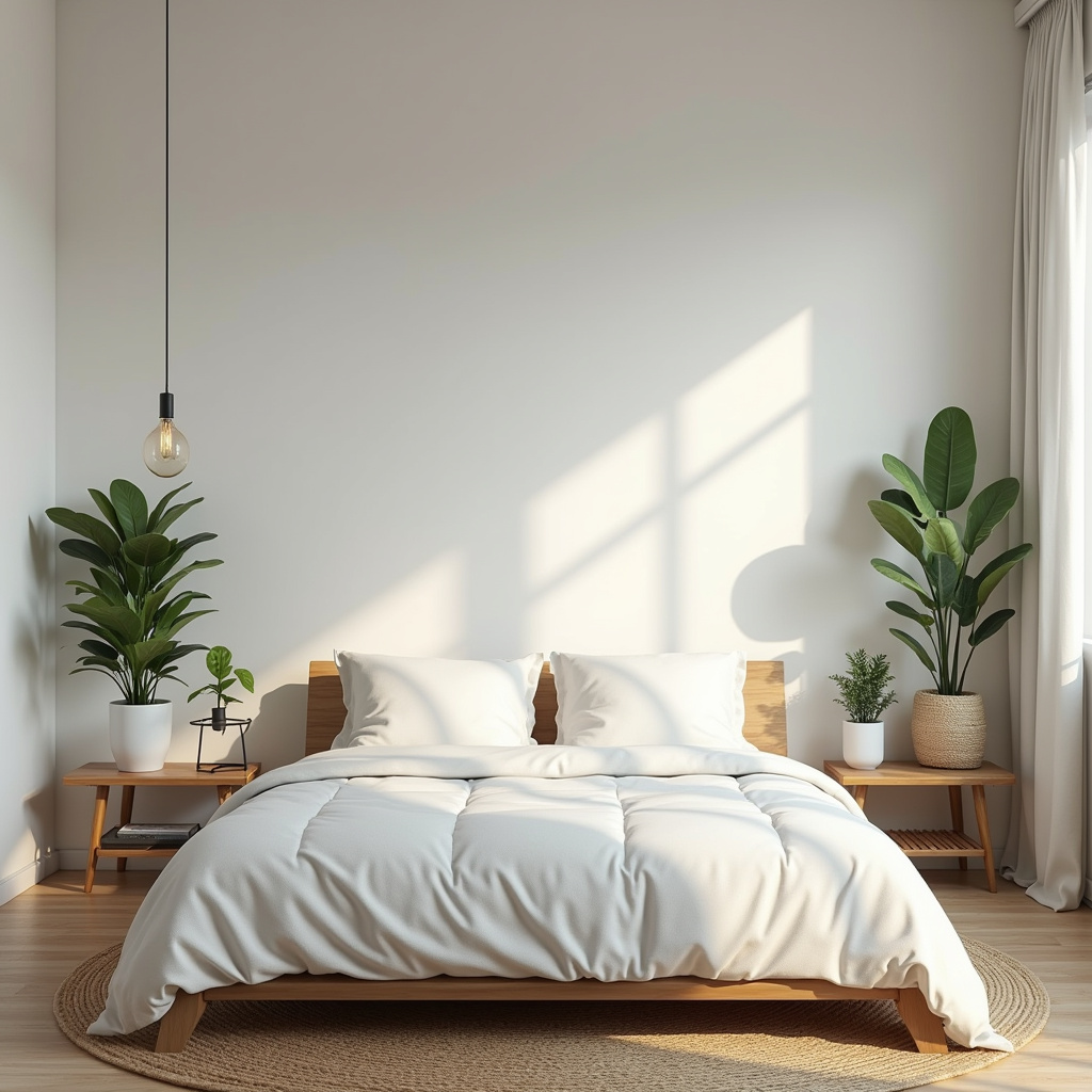 Minimalist bedroom decor with few meaningful objects, plants, natural light, 8K quality, commercial Decoração minimalista em quarto tranquilo.