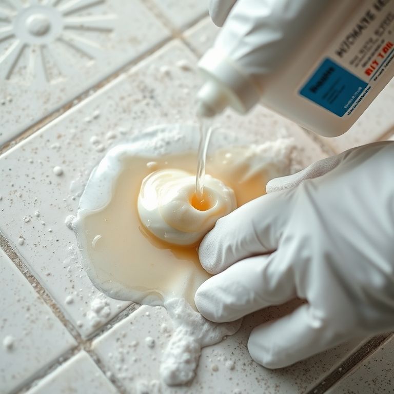 Mistura caseira com água sanitária sendo aplicada no rejunte.