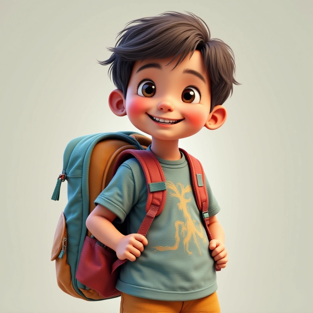 Criança sorrindo vestindo uma mochila escolar ergonômica e colorida.