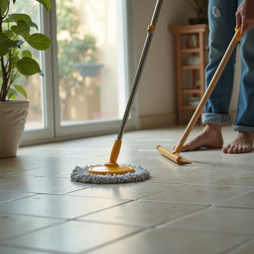 Mopping floor with vinegar solution, ceramic tiles, natural light, professional photography, 8K Limpando piso com vinagre.