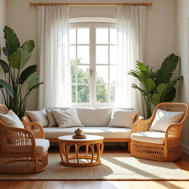 Móveis de palha e vime em uma sala de estar ensolarada, decoração costeira.