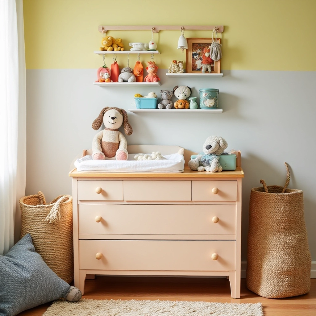 Móveis e acessórios reaproveitados do primeiro filho no quarto do bebê.
