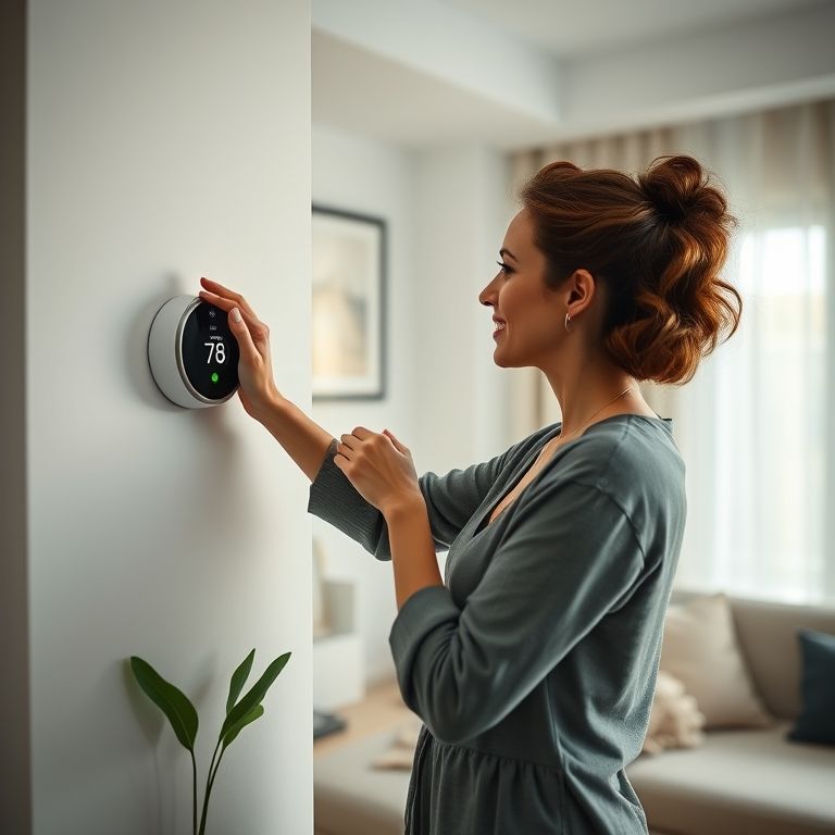 Mulher ajustando termostato inteligente com Alexa em apartamento moderno.