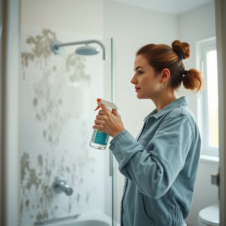 Mulher aplicando água oxigenada para remover mofo no banheiro.