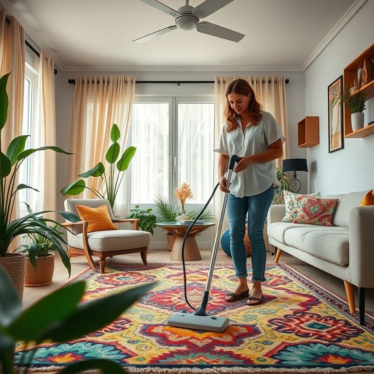 Mulher aspirando tapete colorido em sala de estar com decoração brasileira.