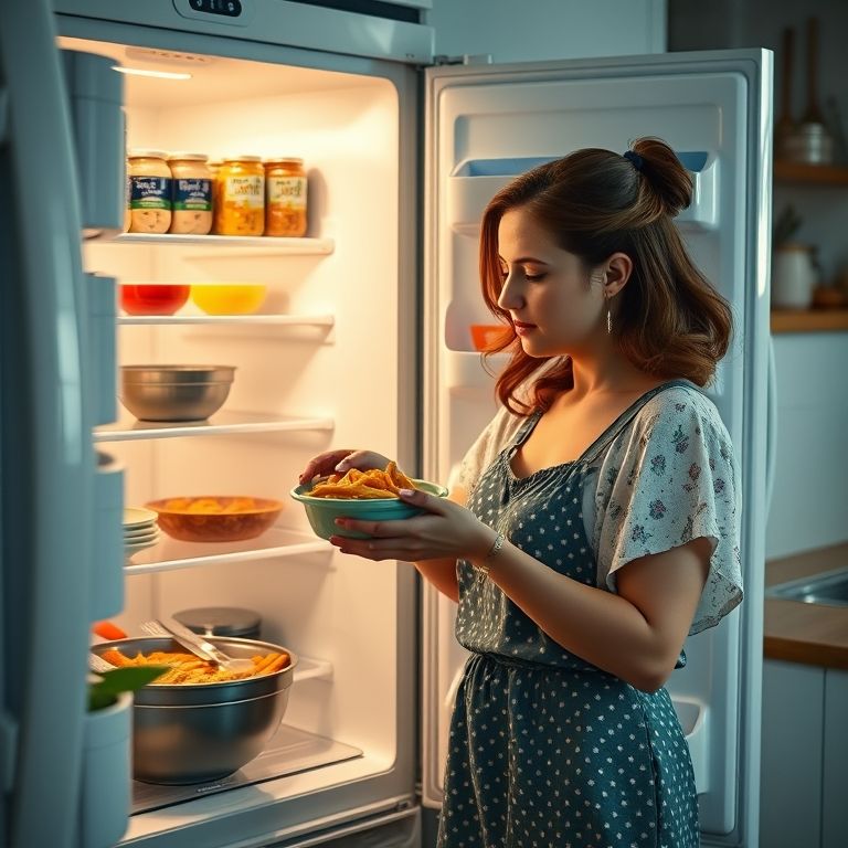 Mulher colocando alimento quente para esfriar antes de guardar na geladeira.