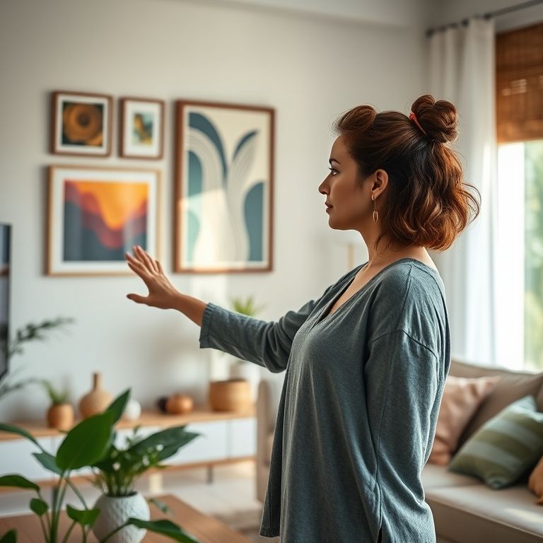 Mulher controlando quadros e objetos de decoração por voz com Alexa.