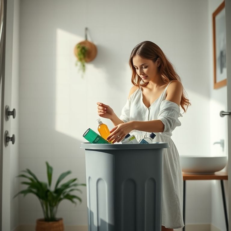 Mulher descartando produtos de higiene vencidos no banheiro.
