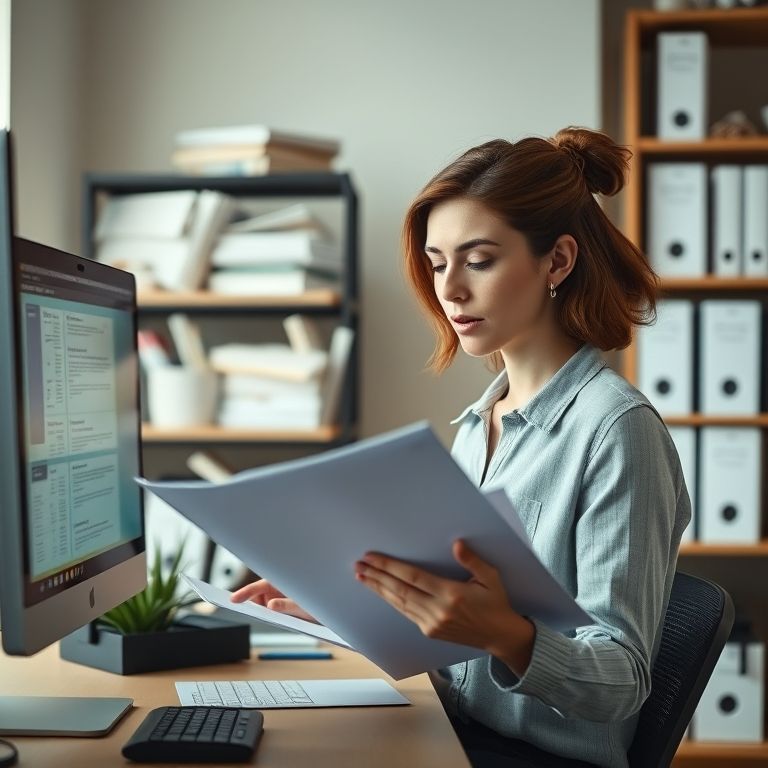 Mulher digitalizando documentos para um arquivo digital organizado.
