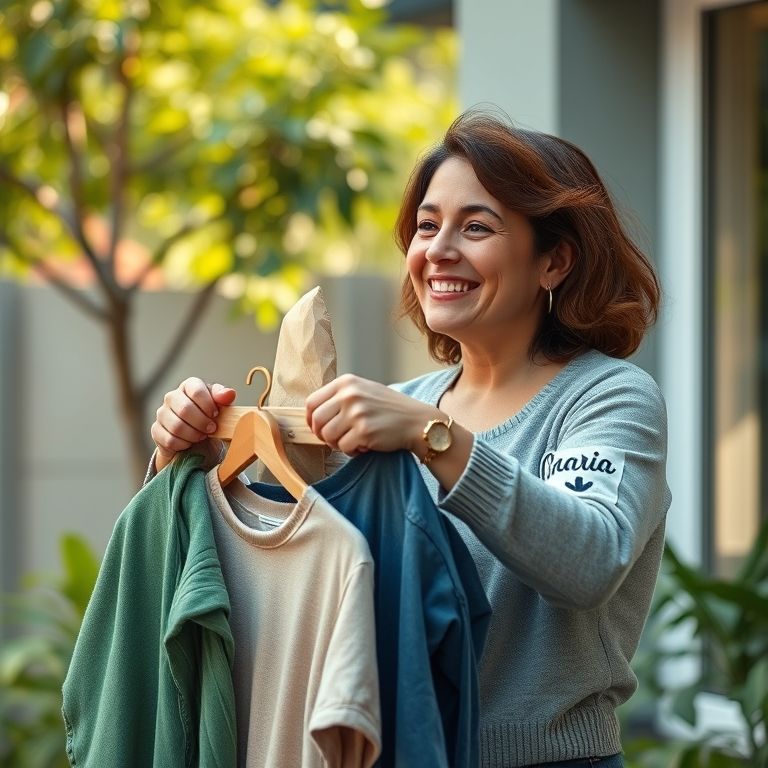 Mulher doando roupas em bom estado para instituição de caridade.