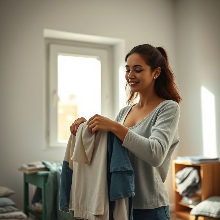 Mulher doando roupas em um ambiente minimalista.
