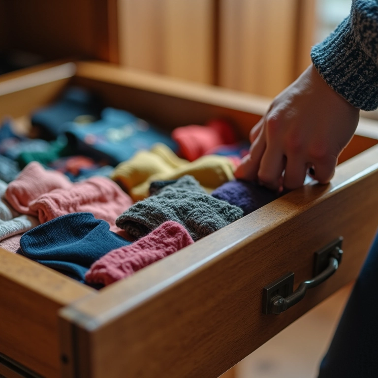 Mulher encontrando rapidamente meias em gaveta organizada, economizando tempo.