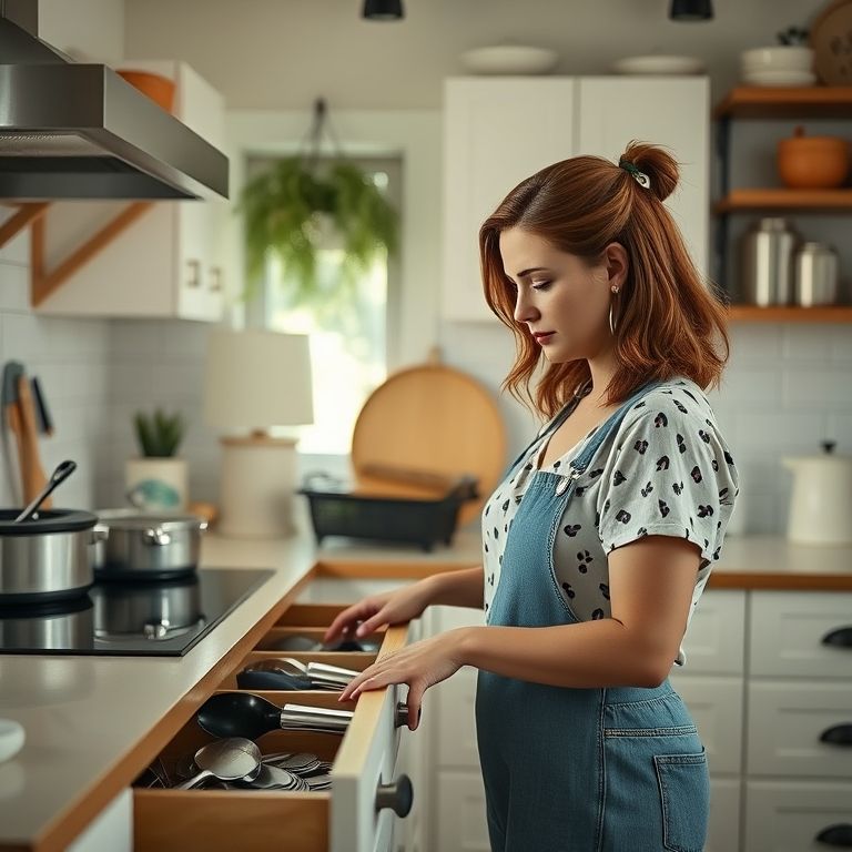 Mulher faz inventário dos utensílios de cozinha.