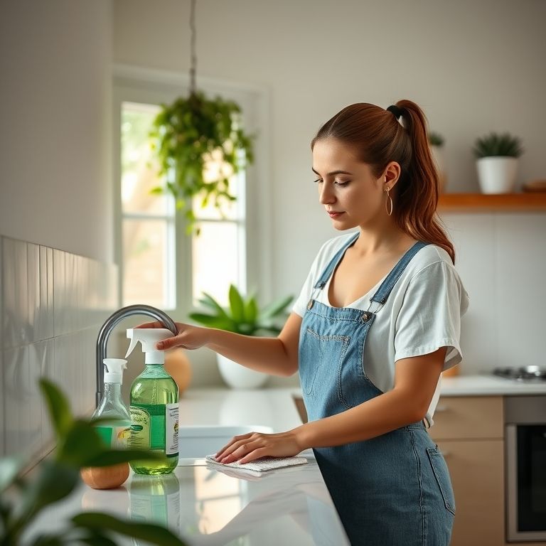 Mulher limpando com produtos naturais.