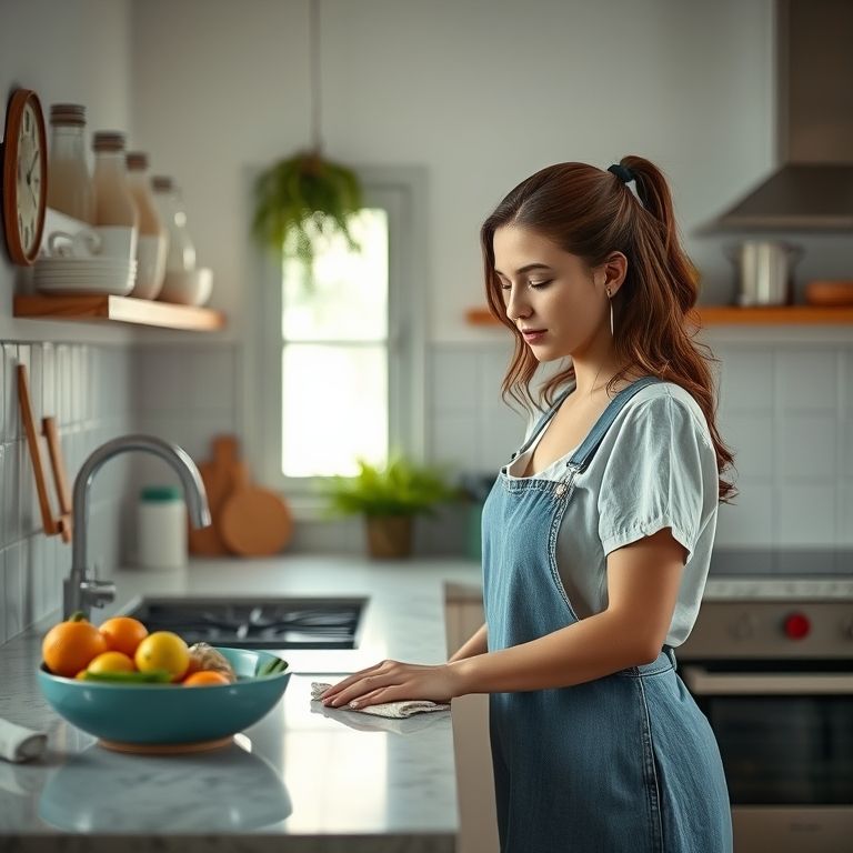 Mulher limpando cozinha após refeição.