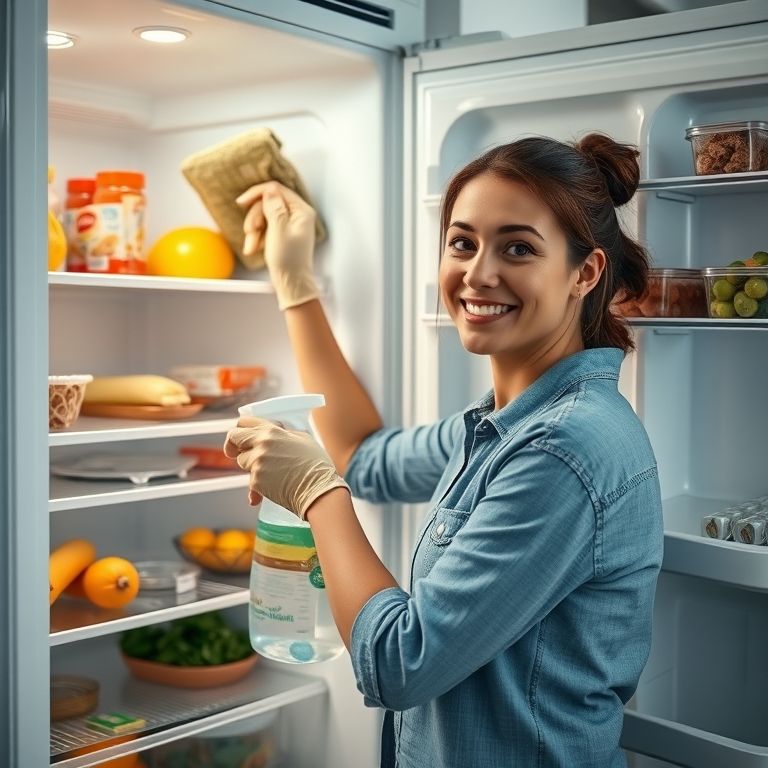 Mulher limpando geladeira com produtos de limpeza.