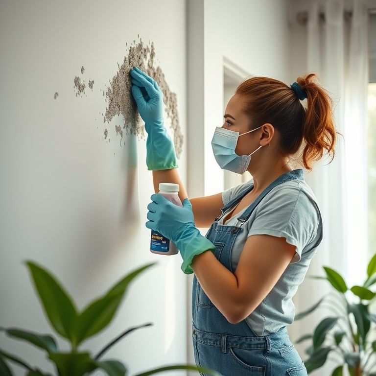 Mulher limpando mofo com água sanitária.