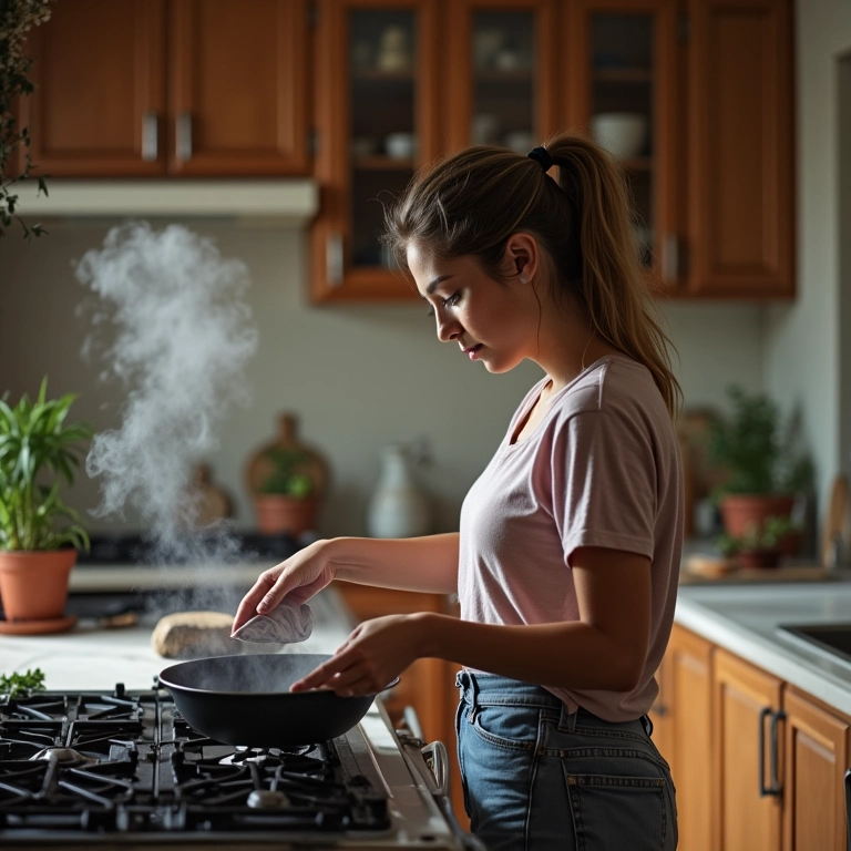 Mulher limpando panela queimada com bicarbonato e vinagre em cozinha Farm Rio.