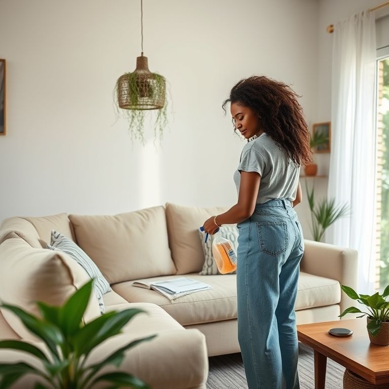 Mulher limpando sofá bege em sala iluminada com decoração vibrante e plantas.