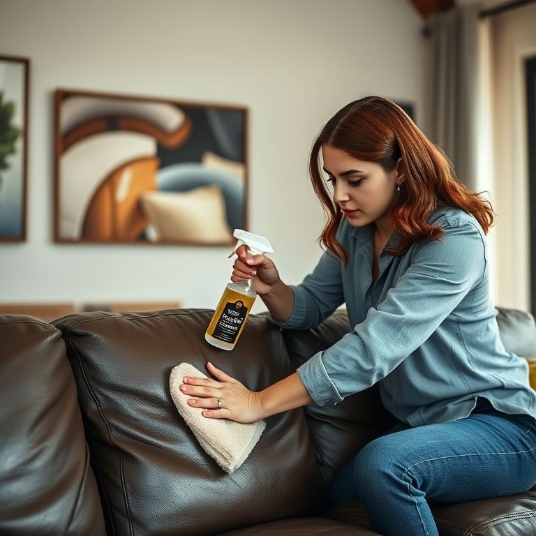 Mulher limpando sofá de couro com produto específico.