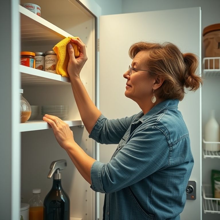 Mulher mantendo a organização diária da despensa.