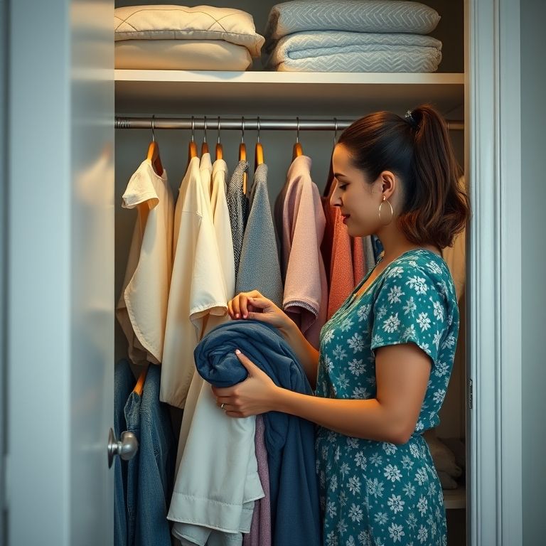 Mulher mantendo a organização do guarda-roupa.
