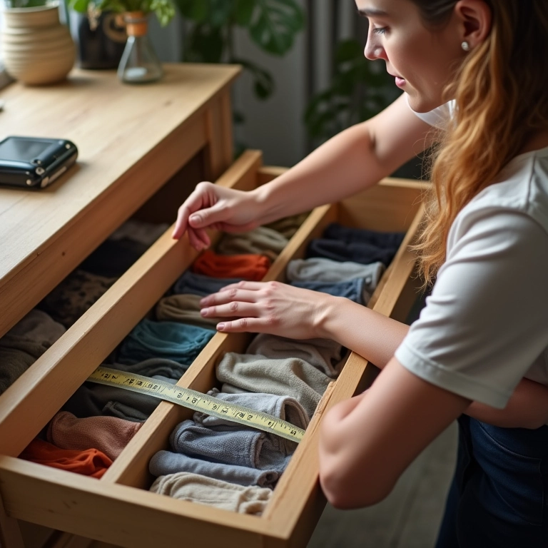 Mulher medindo gaveta para organizadores de meias.