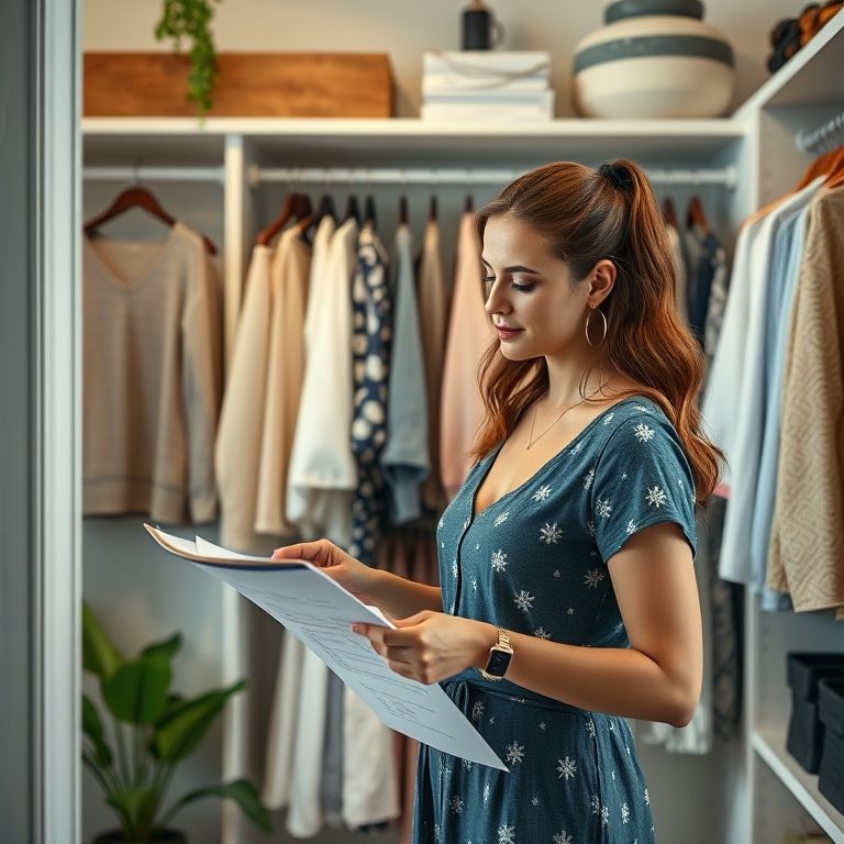 Mulher planejando looks da semana com um checklist.