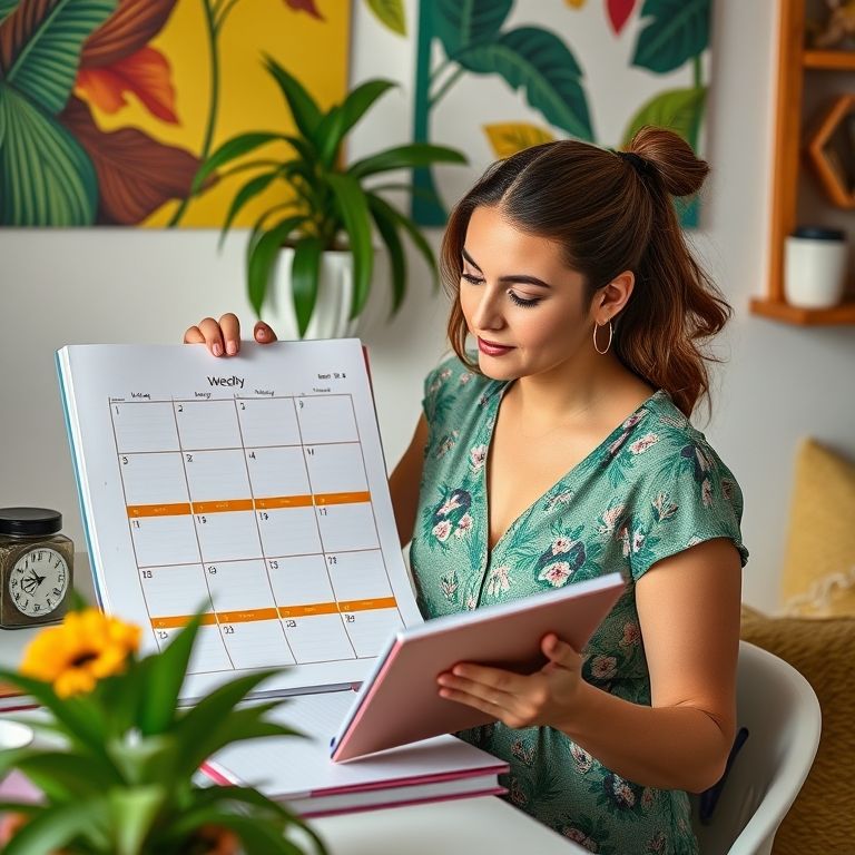 Mulher planejando rotina de limpeza semanal em planner colorido.