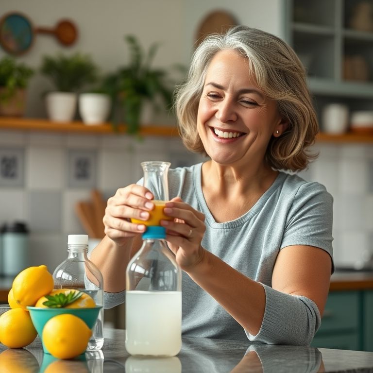 Mulher preparando produtos de limpeza caseiros.