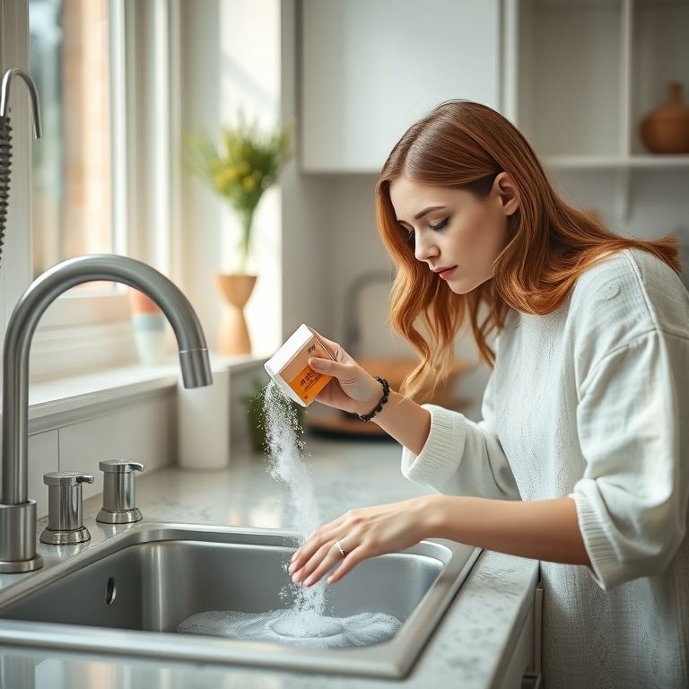 Mulher removendo manchas da pia da cozinha com bicarbonato de sódio.