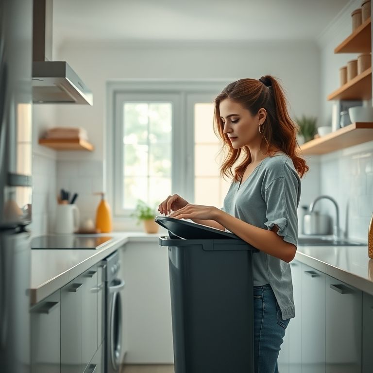 Mulher retirando lixo em cozinha limpa.