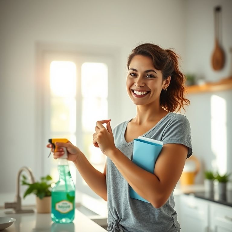 Mulher sorrindo com produtos de limpeza em casa iluminada.