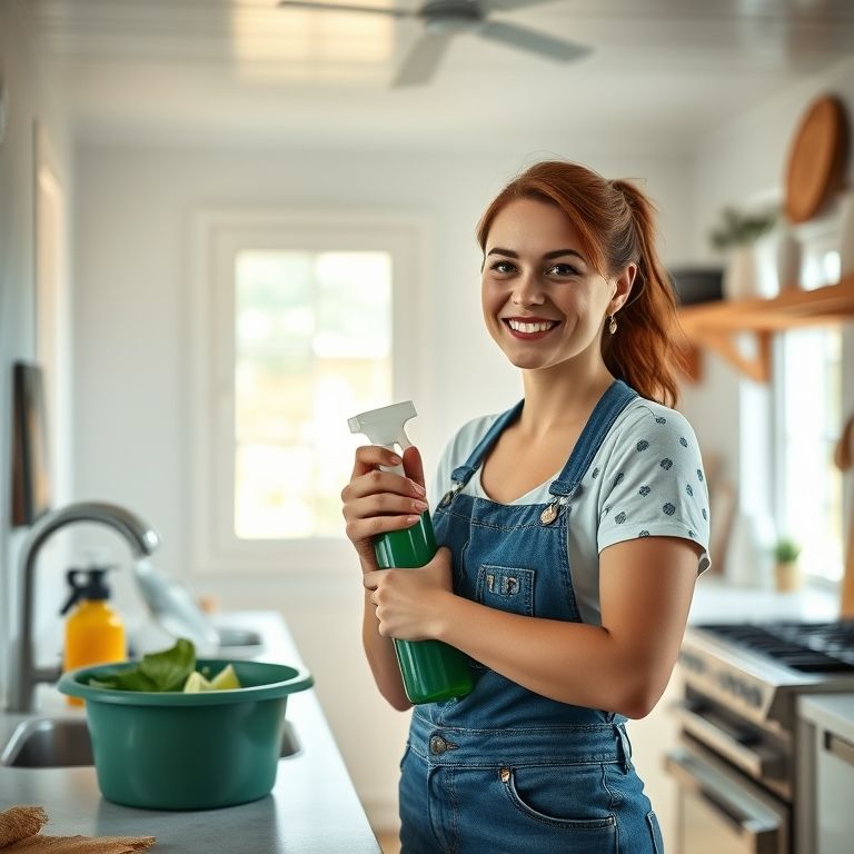 Mulher sorrindo em cozinha vibrante, preparando-se para limpeza pesada.