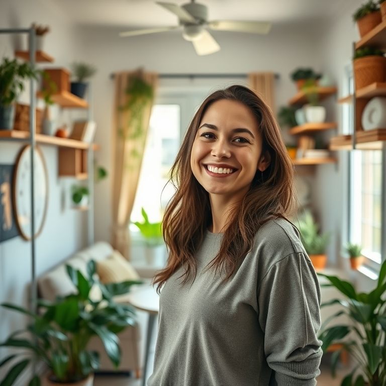 Mulher sorrindo em um apartamento organizado, promovendo uma vida simples e feliz.